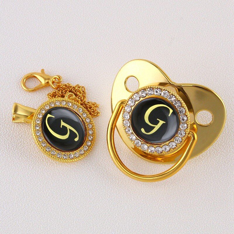 Luxury Golden Initial Letter A Bling Pacifier with Chain Clip Newborn Baby Dummy Food Grade Silicone Pacifier Soother