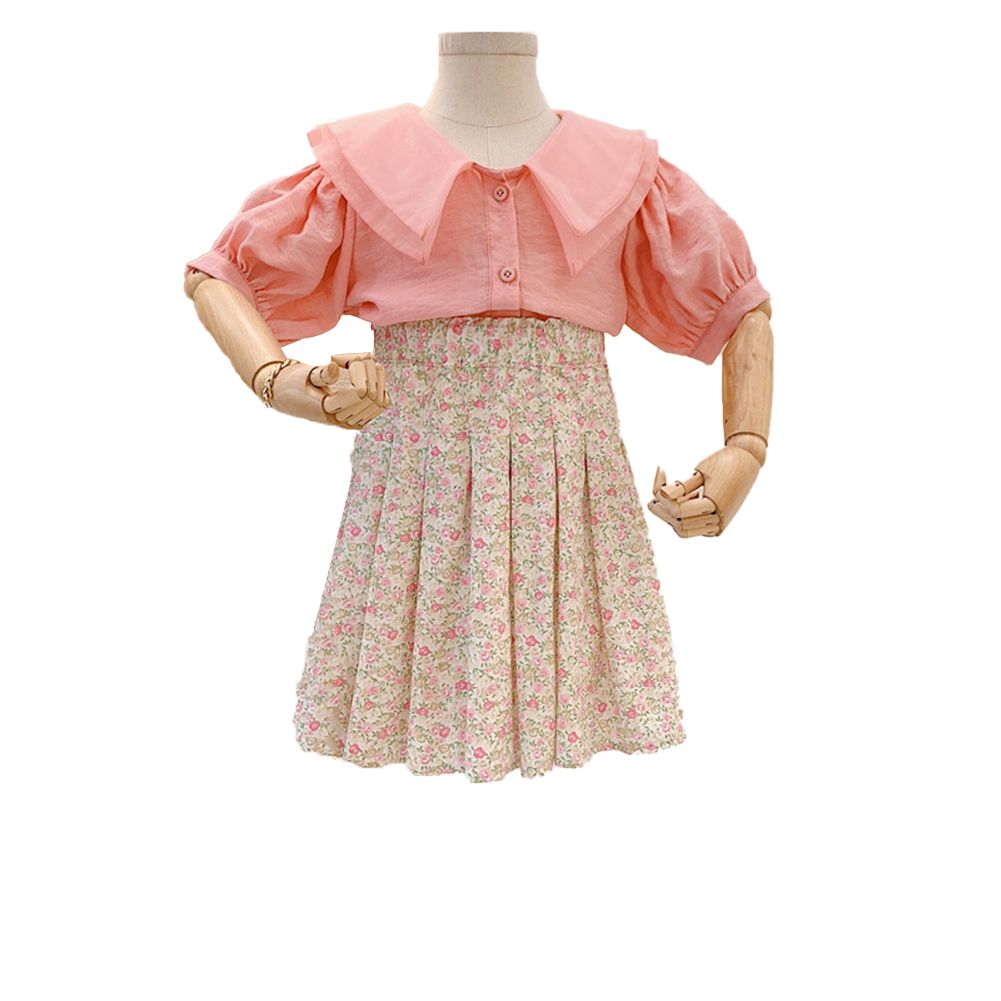 2  Pcs/set  irls  Suit Summer ffon Lapel op + Floral Pleated Skirt Suit For 4-8 Years Old color:Pink suitable for height:120cm infant age:4-5years