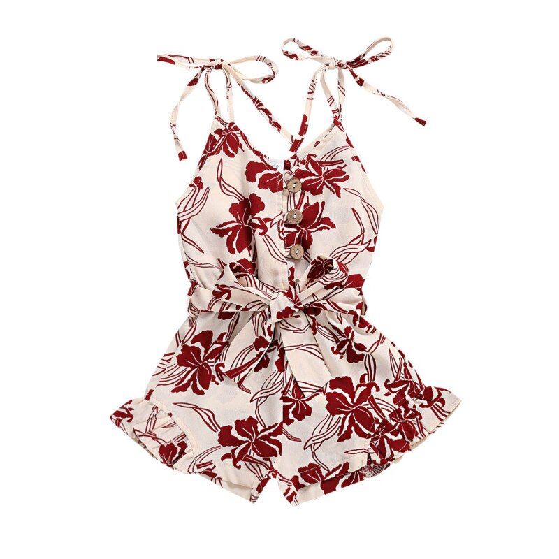Children’s Summer Wear Fresh Floral Printed Tied Spaghetti Straps Sleeveless V-Neck Short Jumpsuits for Kids Girl 1-6 Years