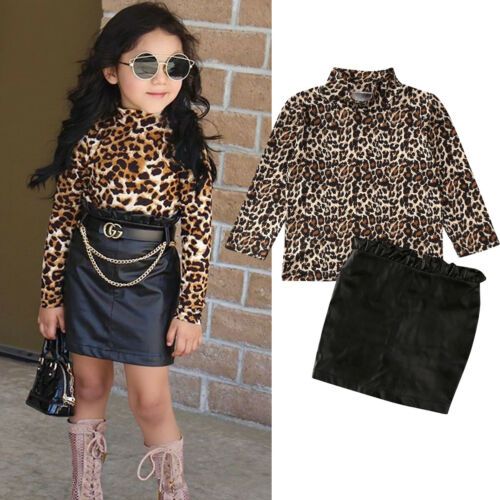 Toddler Baby Kid Girl Leopard Tops T-shirt + Ruffle Leather Mini Skirt Outfit