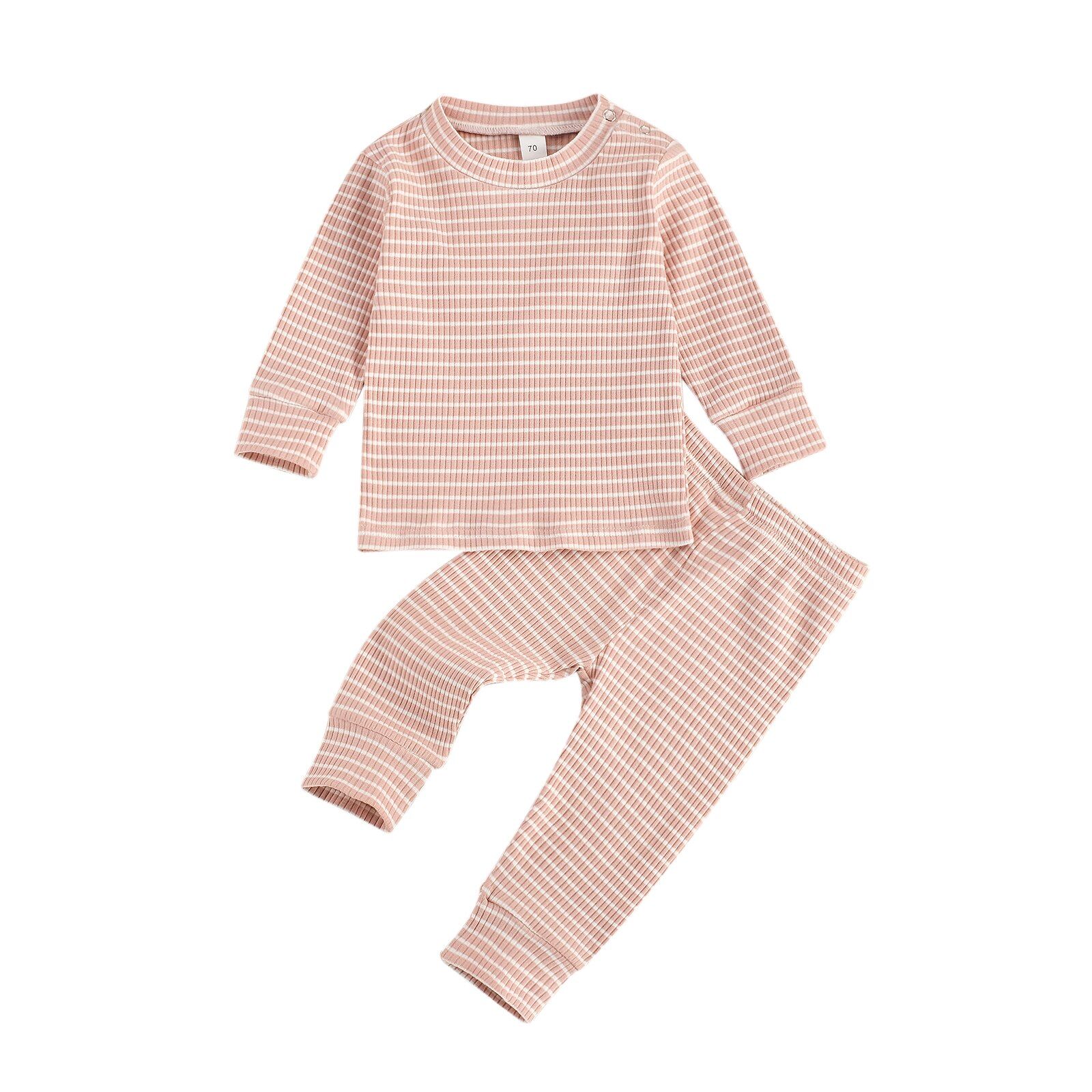 Baby Girls Boys Ribbed Clothing Set, Stripe Round Neck Long Sleeve Top and Pants Two-piece Suit for Photography Birthday Party