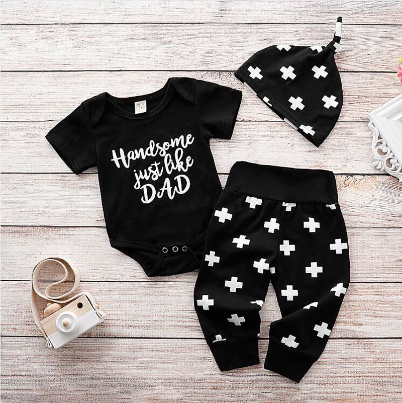 Newborn Toddler Baby Boy Letter Romper Bodysuit+Long Pants Hat Outfits Clothes