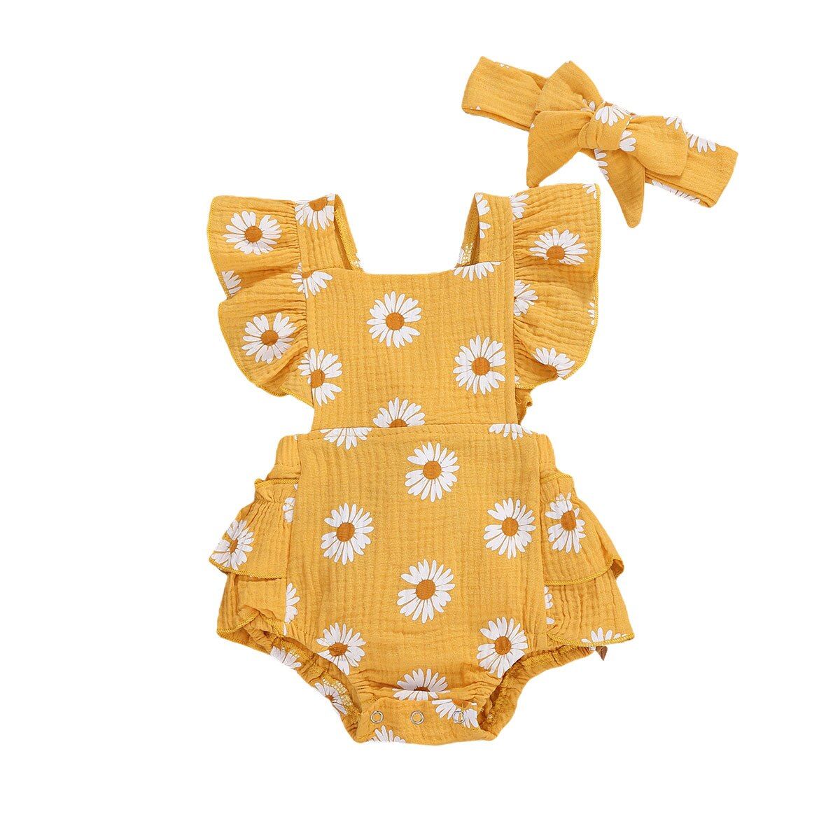 Newborn Baby Girls Ruffles Floral Romper One Piece Backless Jumpsuit Outfits Headdress