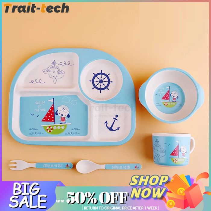 【BestGO】5Pcs/set Cartoon Eco-Friendly Bamboo Fiber Baby Plate 4 Slots Children Tableware Dinnerware Creative Baby Gift
