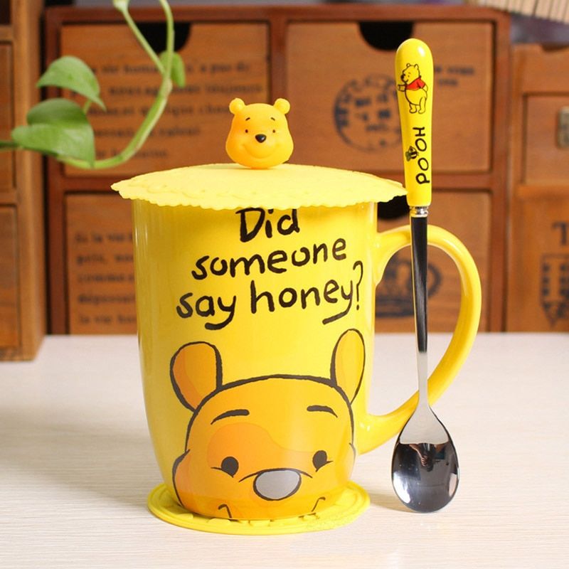 Disney 550ml Mickey Mouse Ceramic Cup Couple Mug Milk Coffee Mugs Winnie The Pooh Breakfast Cups Large-Capacity Mugs With Spoon