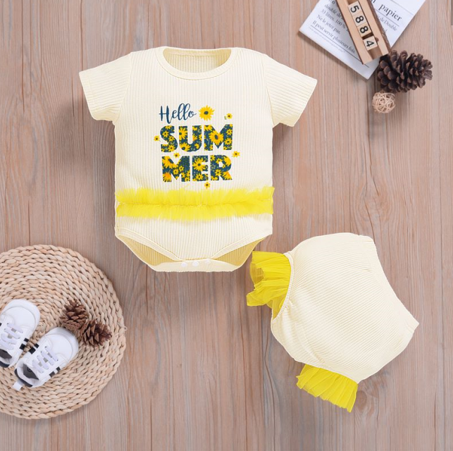 Baby Girls 2PCS Summer Outfits, Short Sleeve Letter Print Bodysuit + Ruffle Bloomers Set
