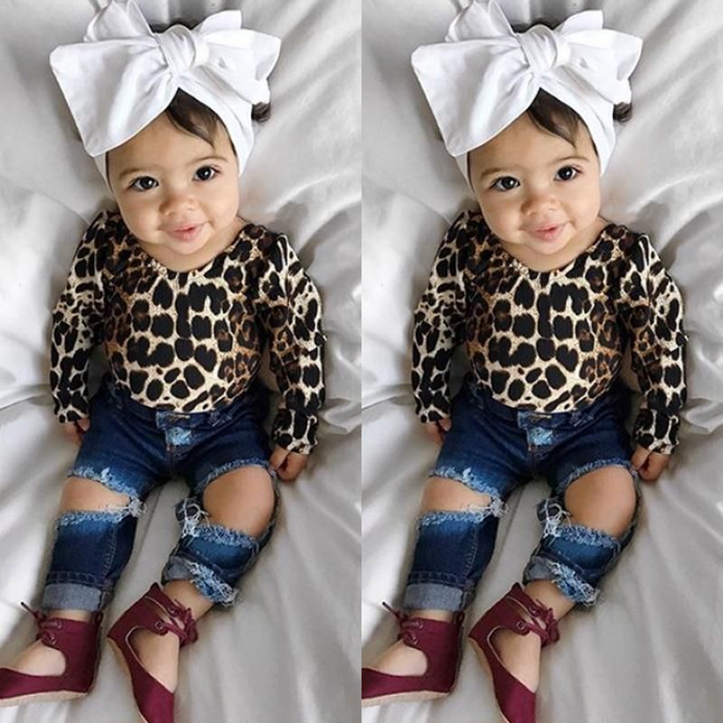 2021 New Fashion Baby Girls Leopard Outfit Kids Long Sleeve Tops T-shirt+Ripped Pants Jeans Clothes
