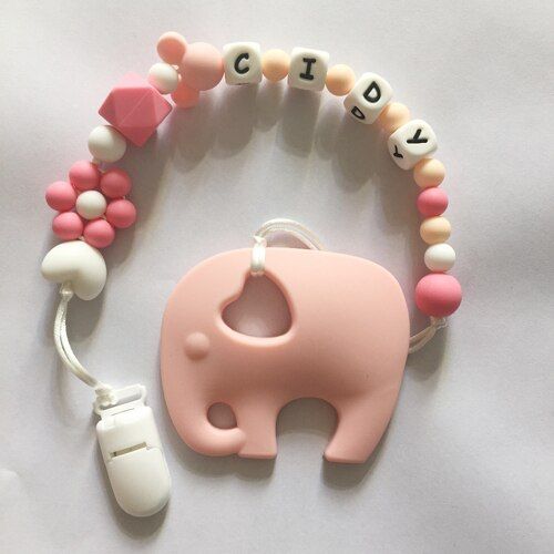 Personalized Name Silicone Teething Pacifier Clips with Elephant Silicone teether Pacifier Chain Clip Holder for Baby Chew Toys