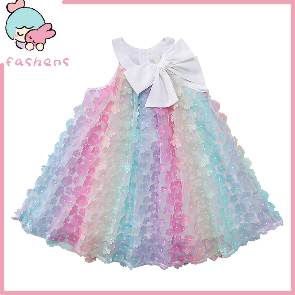 Summer 3-7 Years Old Girl Dress Net Yarn Bow Knot Children Girls Sleeveless Gradient Dress for Birthday Party