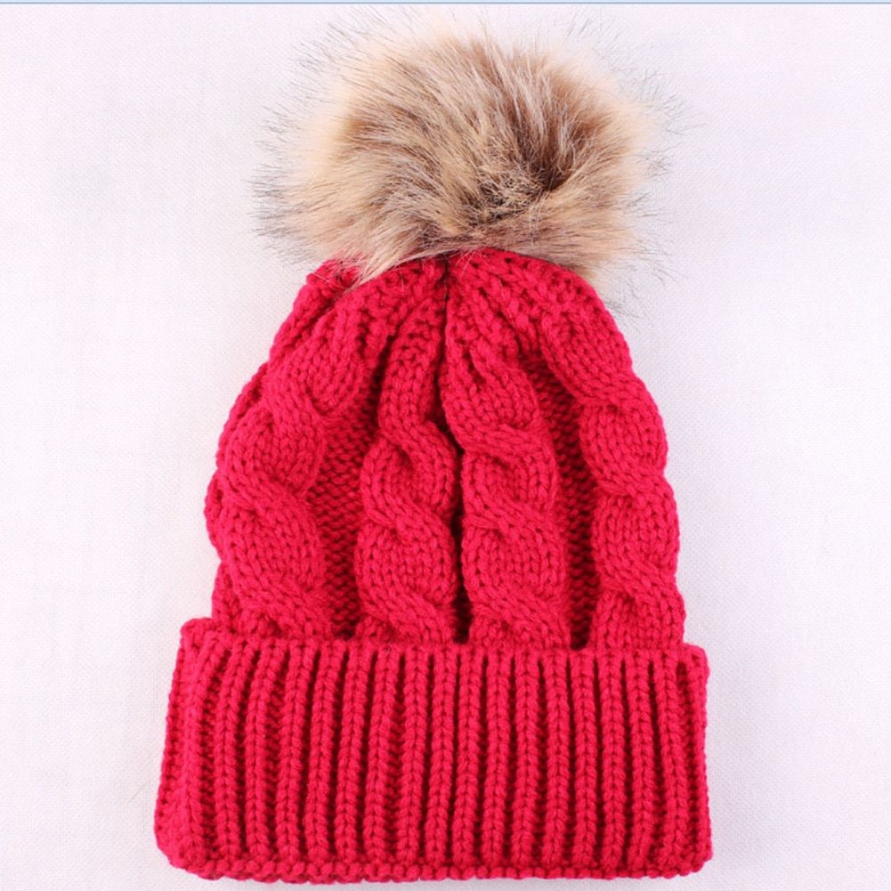 New Mom Mother+Baby Knit Pom Bobble Hat Kids Girls Boys Winter Warm Beanie Caps
