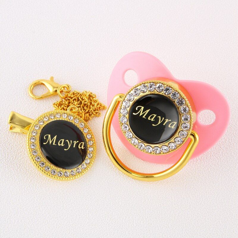 Personalized Any Name Pacifier and Pacifier Clip Chic Gold Baby Dummy BPA Free Perfect Newborn Present or Baby Shower Gift
