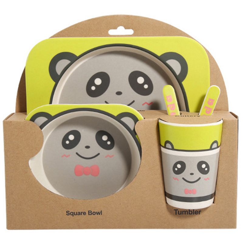 5Pcs/Set Cartoon Animal Plate+Bow+Fork+Cup Baby Dinnerware Feeding Set Bamboo Fiber Baby Lovely Children Container Tableware Set Panda