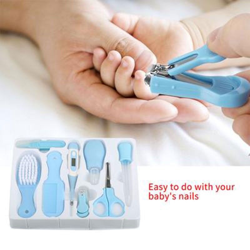 Baby Care Kit Convenient Healthcare Grooming Set Essential Daily Care Tool Nail Clipper Manicure Safety Scissors Nose Cleaner Hair Brush Comb Personal Care Kit for Toddler Infant[Pink/Blue] -8 PCS
