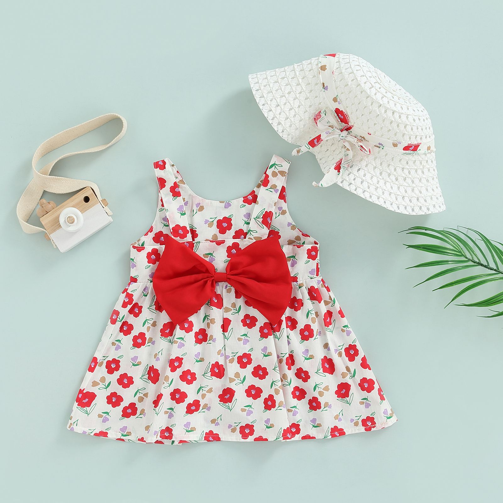 Kid Baby Girl Summer Sleeveless Dress, Flower Print Round Neck Back Bowknot A-line Dress + Hat