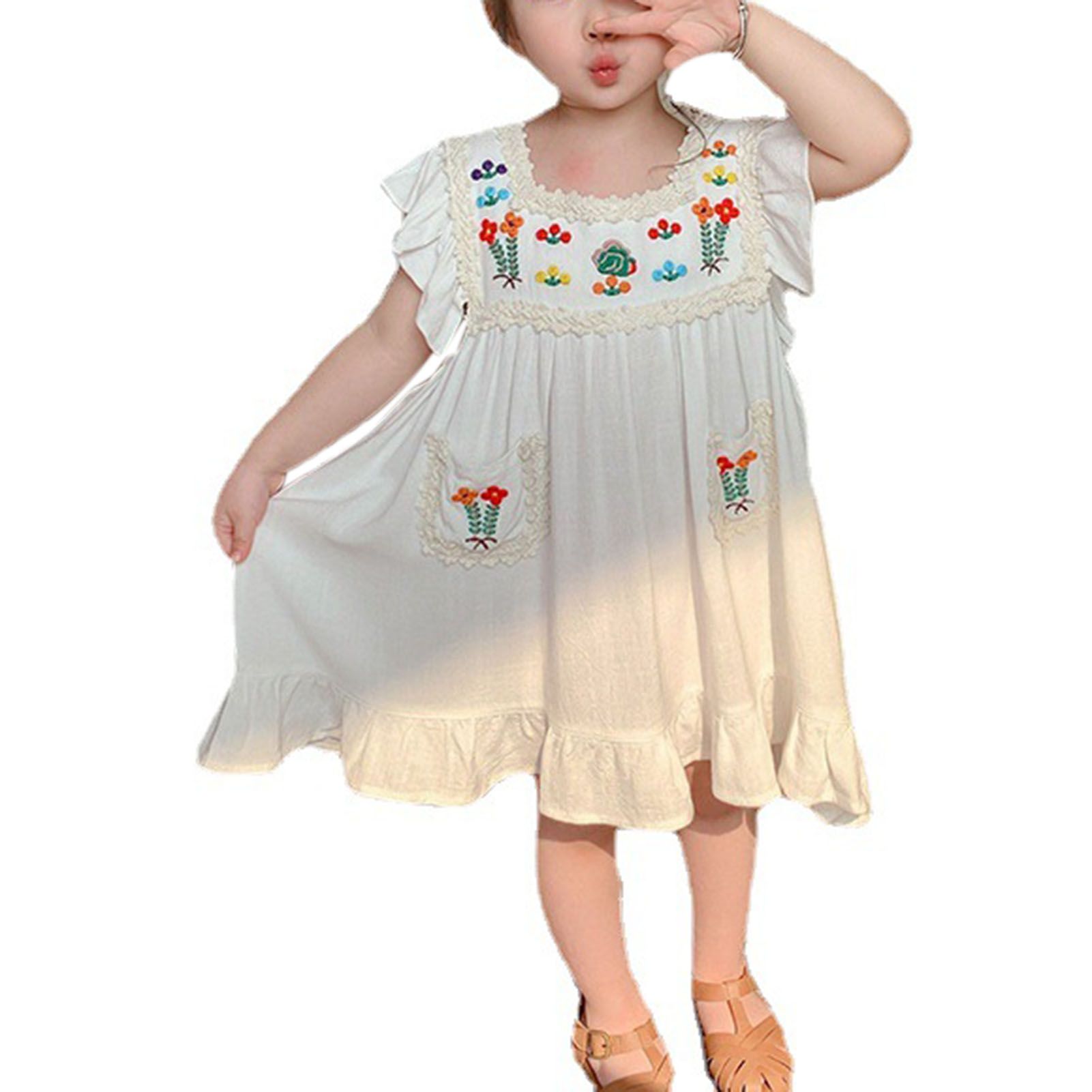 Girls Dress Embroidered Flower Flying Sleeve Summer Vest Type Square Collar Ruffles Dress for Daily Wear