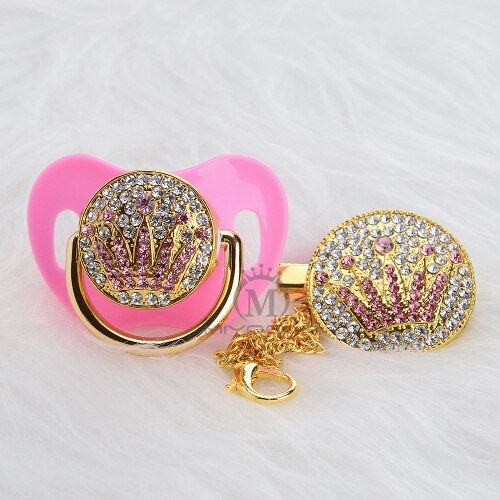 BLING bling unique design gold pink crown pacifier and clip set BPA free sgs pass safe to baby pacifier holder APCG