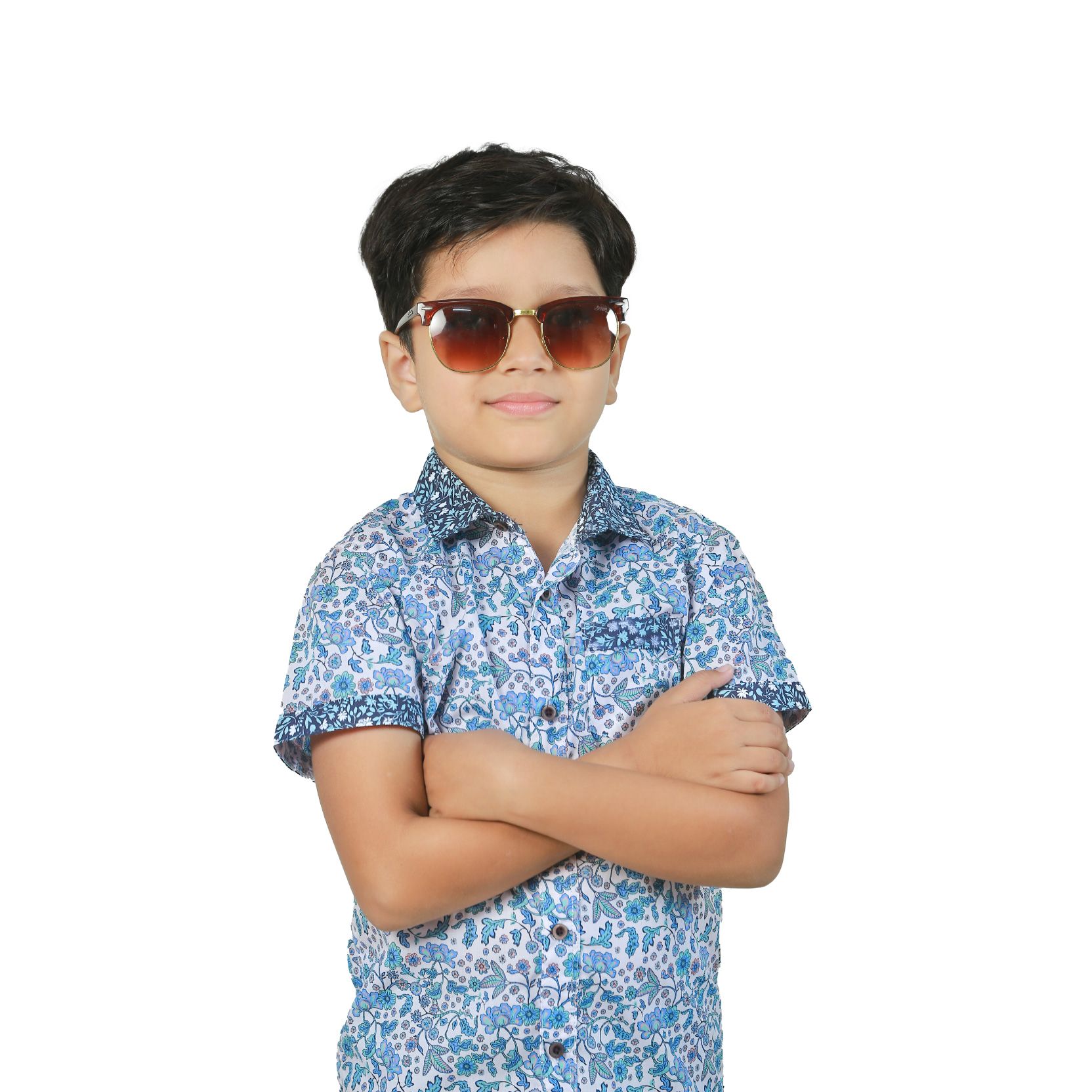 Lingh Pink All Over Print  Boys' Short Sleeve Shirt Contrast Collar  (BWS 329)