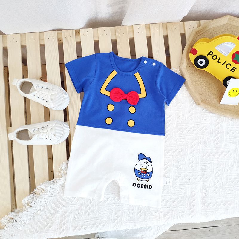 Newborn Summer Cartoon Romper, Baby Color Block Short Sleeve Round Neck Playsuit
