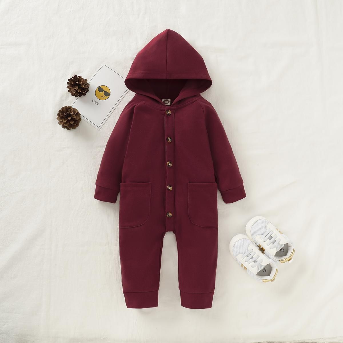 NYT Baby Rompers Solid Color Hooded Pockets Winter Autumn Jumpsuit Clothes