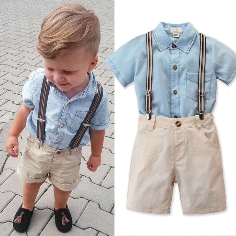 0-5Y Baby Kid Boy Gentleman Clothes Sets Short Sleeve Blue Shirt Tops Overalls Shorts Pants Outfits