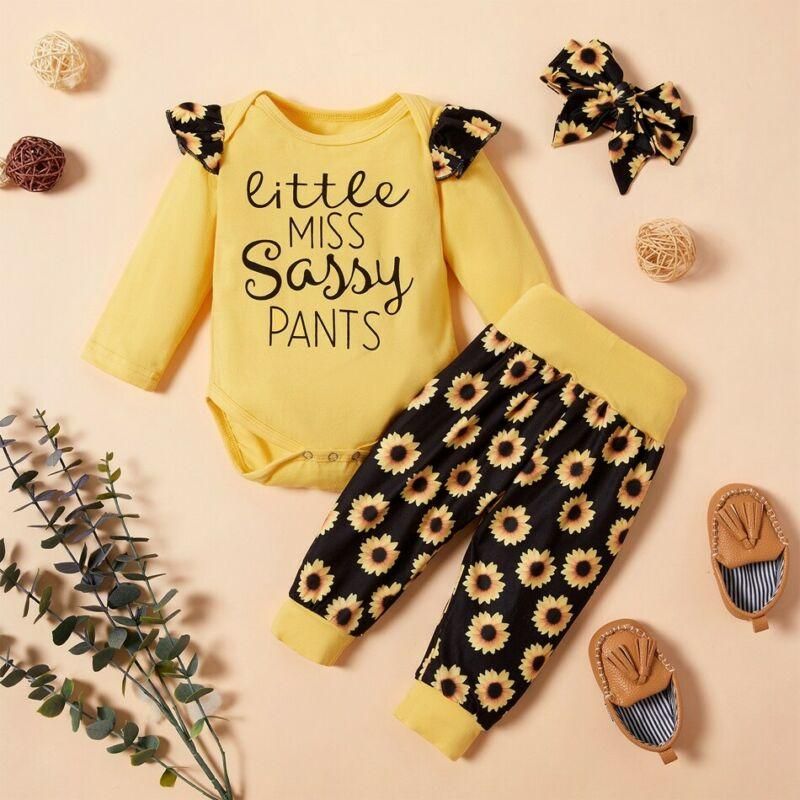 Toddler Baby Girl Cotton Clothes Set Autumn Spring Long Sleeve Letter Pattern Ruffle Romper Flower Long Pants Outfit Set 0-24M