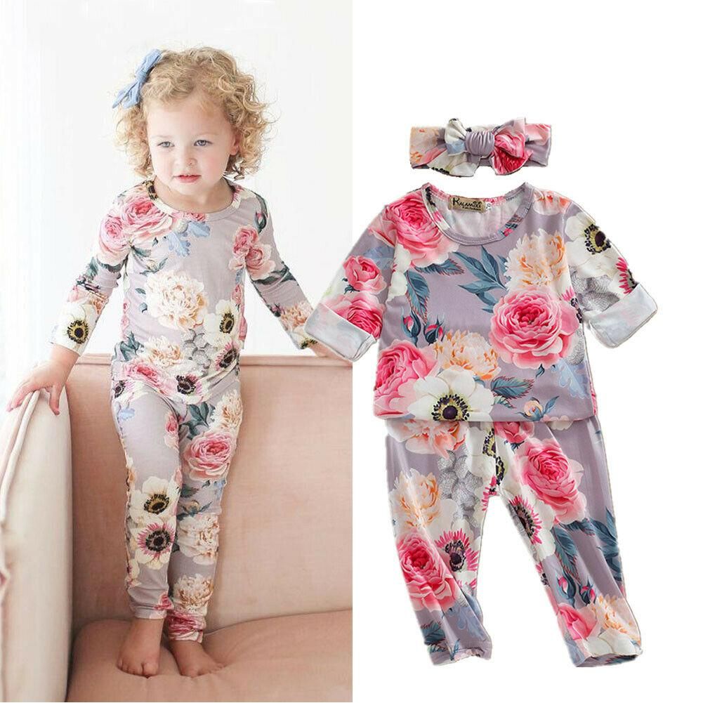 2020 Newborn Baby Floral Print Long Sleeve Cotton Tops T-Shirt Pants Outfits Set with Headband 3PCS Girls Outfits Infant Clothing Set