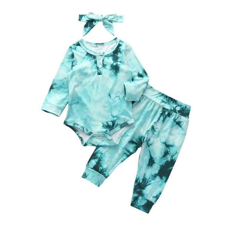 Baby Boy Girls Tie-Dye Clothes Set Autumn Spring Long Sleeve Button O-neck Tops Romper Pants 3Pcs Outfit for Newborn Infant Baby