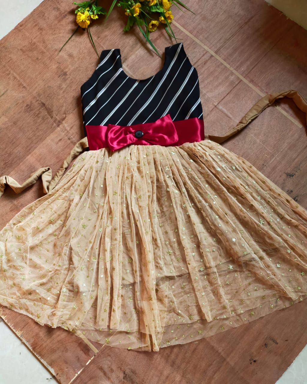 Stitched Multicolor Golden Soft Net Party Frock For Girls