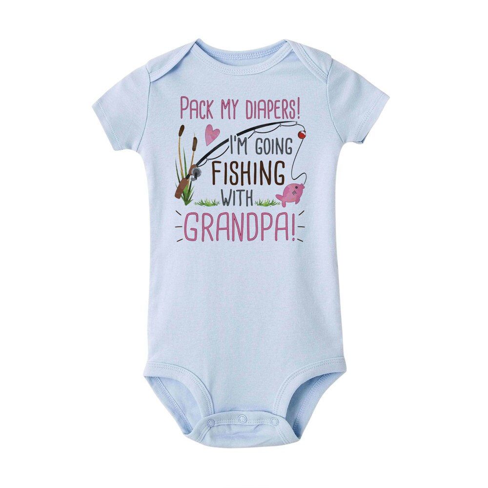 Newborn Boy Girl Short Sleeve Letter Print Pack My I'm Going Fishing with Grandpa Romper Outfits Baby Clothes Toddler Onesie