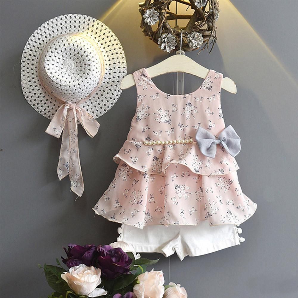 3PCS Toddler Baby Kid Girl Outfits Clothes Floral Vest T-shirt+Pants+Sun Hat Set