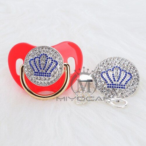 MIYOCAR Gold beautiful GOLD blue bling crown pacifier and pacifier clip set BPA free dummy bling unique design ABCB-1