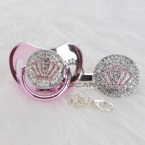 MIYOCAR Gold beautiful GOLD bling pink crown pacifier and pacifier clip set BPA free dummy bling unique design APCB-9-1