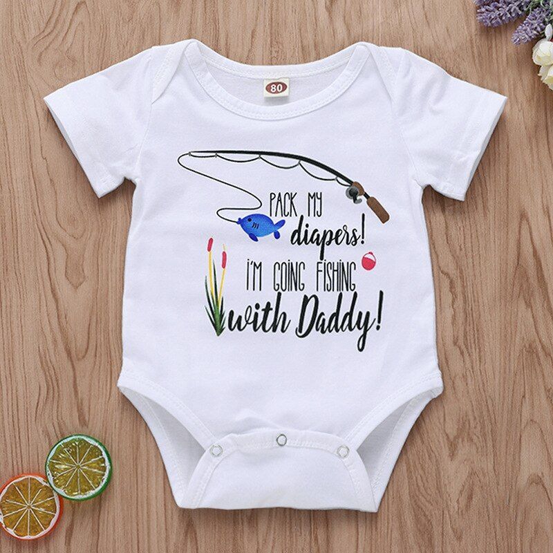 Baby Girl Bodysuits Fishing with Daddy Printed White Onesie First Birthday Outfit Boy Short Sleeve Summer Newborn Funny Clothes