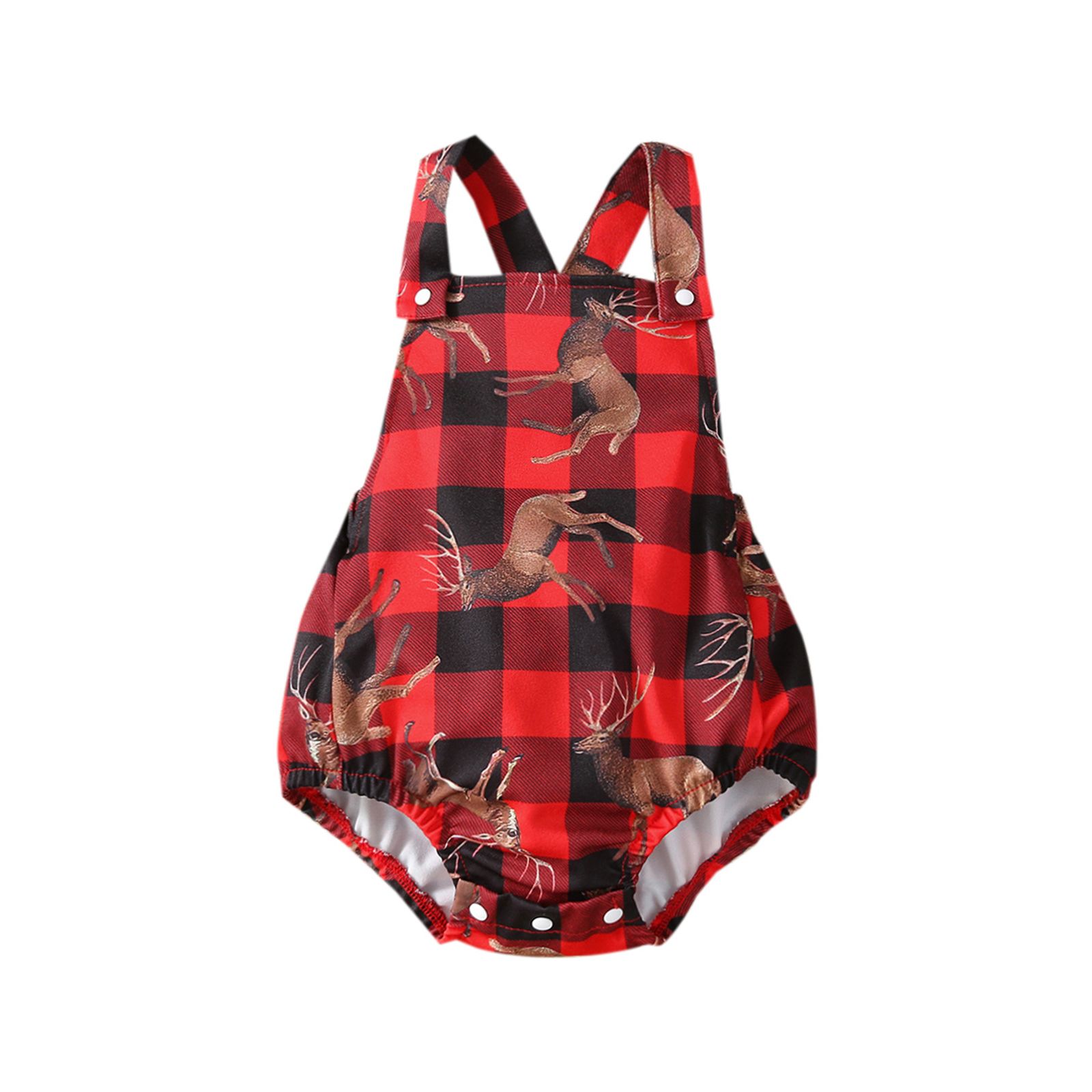 Baby Deer Plaid Print Short Romper, Girls Christmas Sleeveless Square Collar Jumpsuit for Spring, Fall