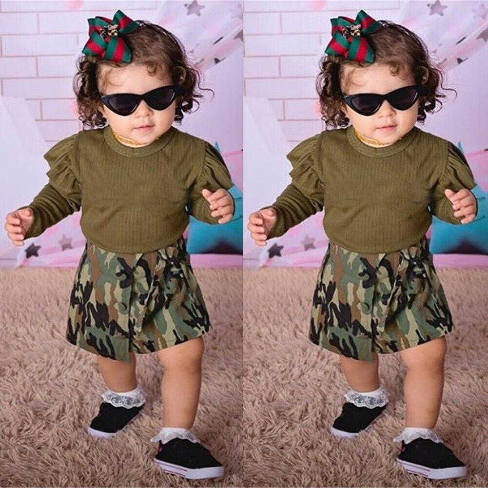 2020 0-3Y Infant Kids Baby Girls Clothes Sets Ruffles Long Sleeve Green Romper Tops Camouflage Print Shorts