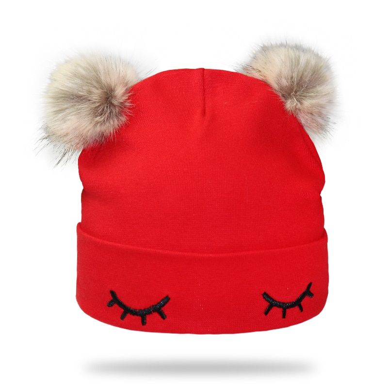 Winter Girls Eye Embroidery Double Pompom Cotton Hat For Kids Baby Caps Bonnet
