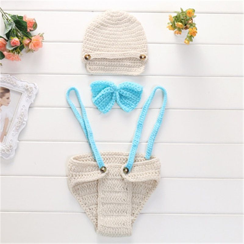 Cute! Hat Suspender Pants Set Handmade Infant Baby Photo Costume Crochet Newborn Baby Photo props accessories
