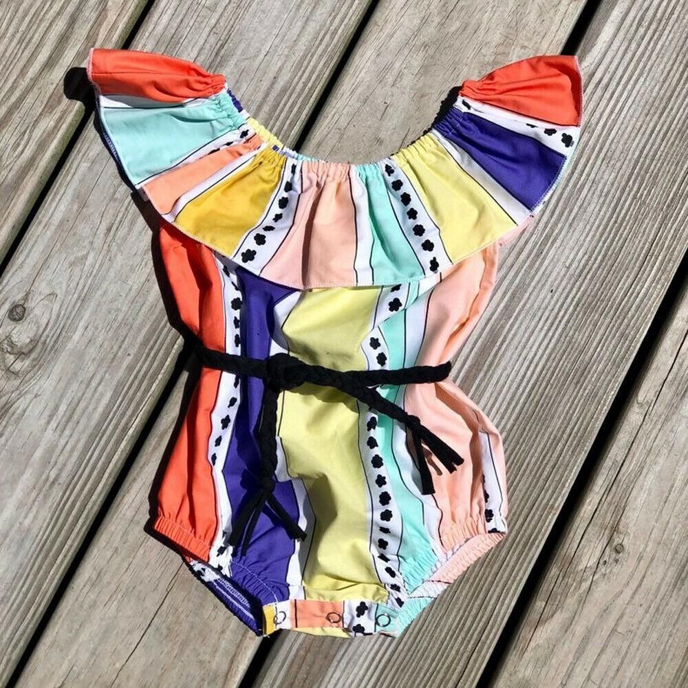 0-24M Baby Striped Bodysuit Off Shoulder Ruffle Elastic Waist Sunsuit with Belt Girl Clothes