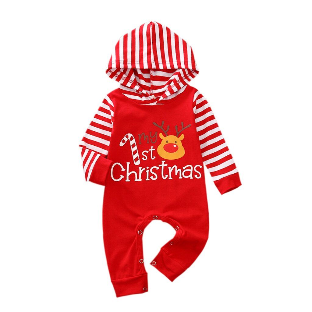 Newborn Infant Baby Boys Girls Christmas Jumpsuits Hooded Neck Stripe Long Sleeve Cartoon Long Romper Overall Clothes