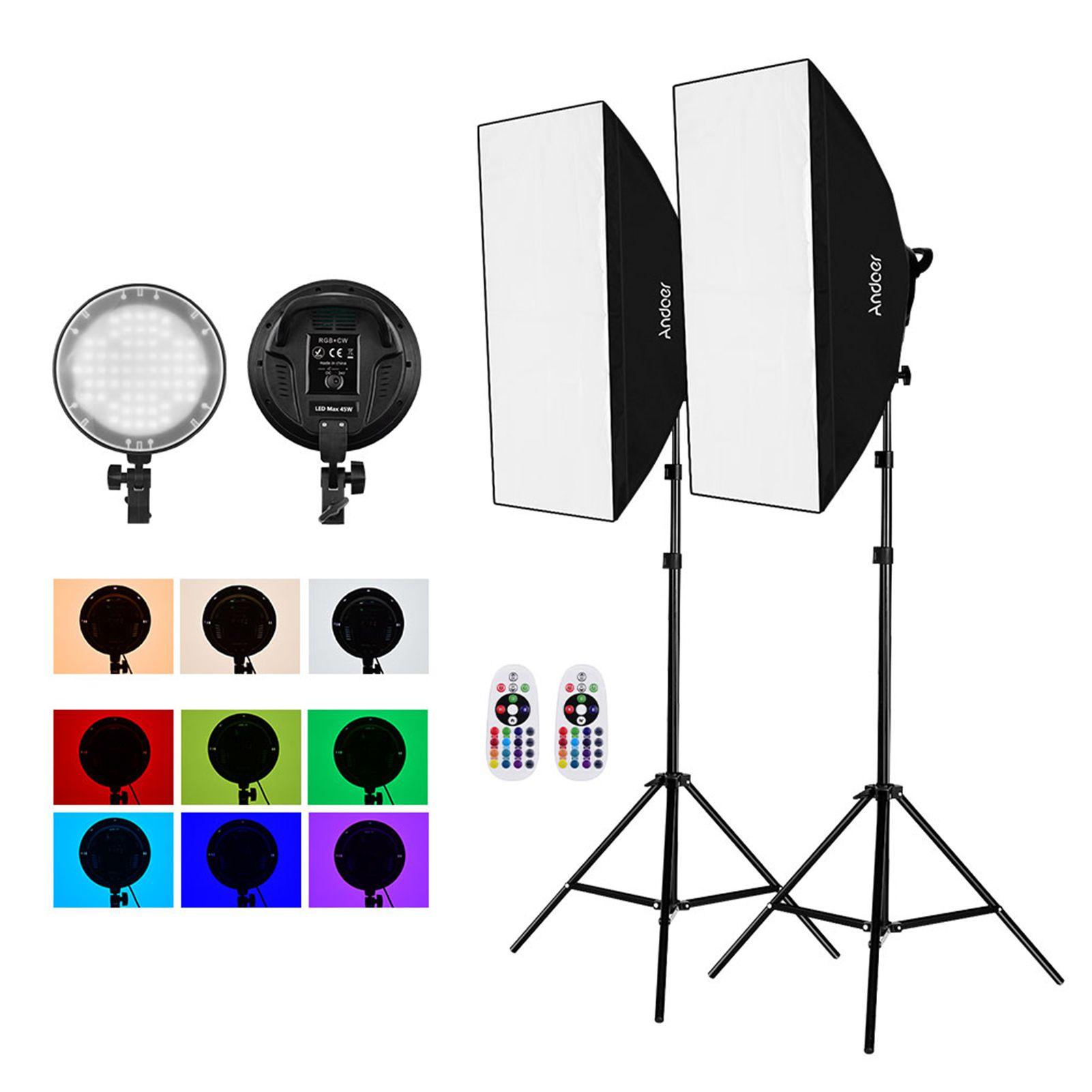 Studio Photography 2.4G RGB LED Light Softbox Kit with 45W Dimmable RGB LED Light * 2 + 50*70cm Softbox * 2 + 2M Light Stand * 2 + Re-mote Control * 2 with Po-wer Adapter