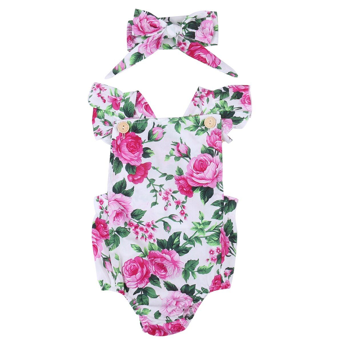 Cute 2pcs Baby Girls Floral Romper Clothes Set Jumpsuit Romper + Headband For 0-24M Age