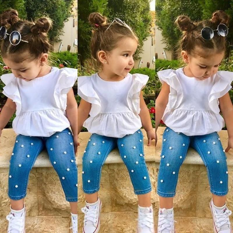 Toddler Kids Baby Girls Clothes Cotton Top T-shirt Ruffles Denim Long Pants Pearls Summer Outfits 2Pcs Clothes 2-7T