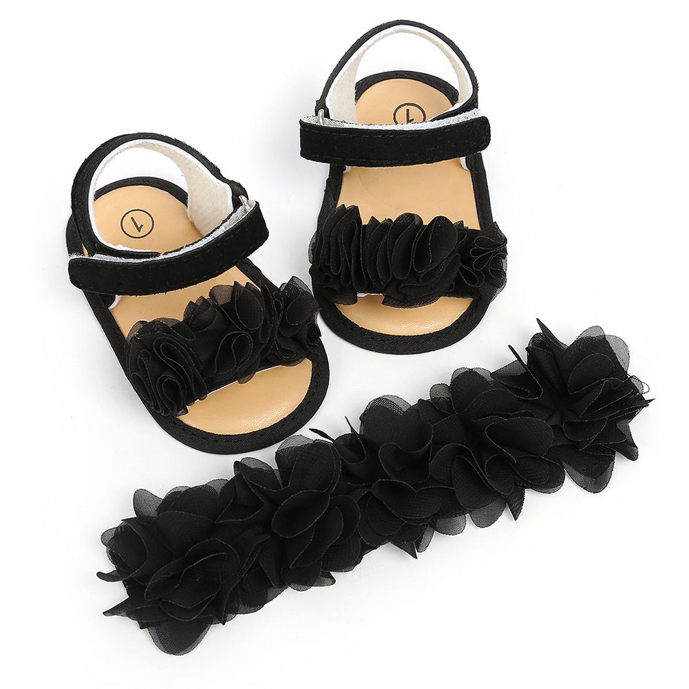 Baby Girl Solid Color Rose Anti-slip Soft Sole Sandals Prewalker Shoes Headband