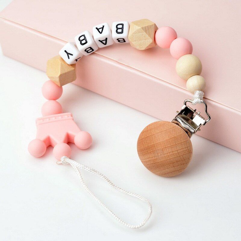 Custom Name Baby Pacifier Clip  Beech Wood Bead Star Silicone Beads Soother Chain Baby Teether Toy Nipple Holder