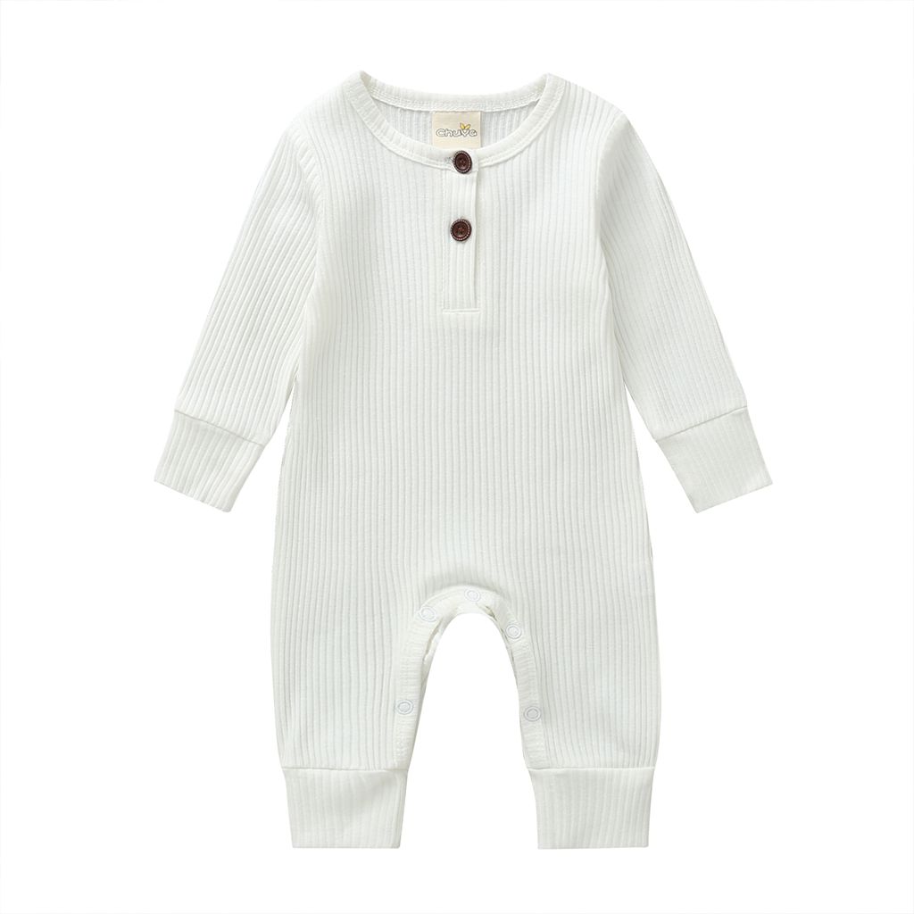 Newborn Baby Boy Girl Button Romper One Piece Solid Color Ribbed Long Sleeve Long Pants Jumpsuit