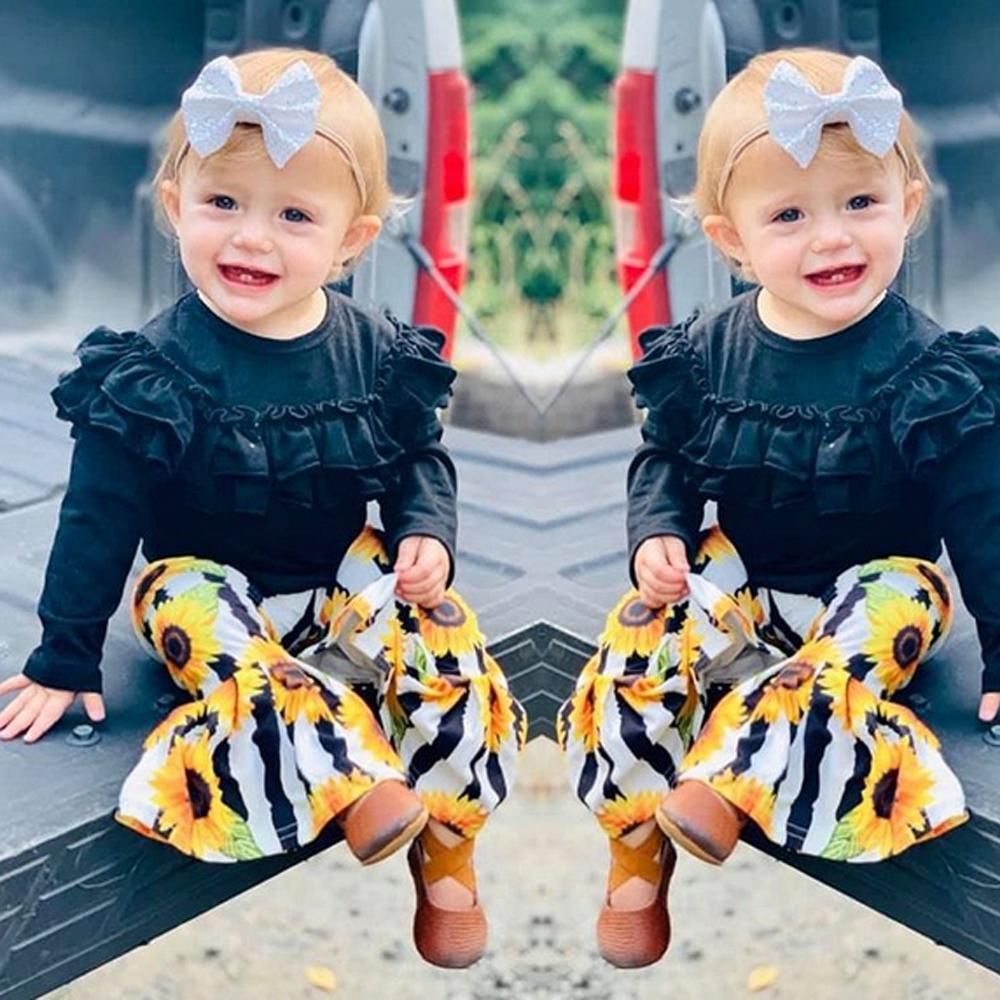 Fall Autumn 2PCS Newborn Baby Girl Casual Clothes Ruffle Top T-Shirt Sunflower Pants Spring Set Outfits
