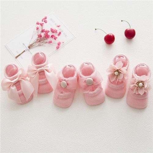 3 Pairs/Lot Lace Floral Newborn Baby Socks Cotton Anti-Slip Kids Floor Socks Bow Baby Girl Socks Summer Style Girls Gift Sokken