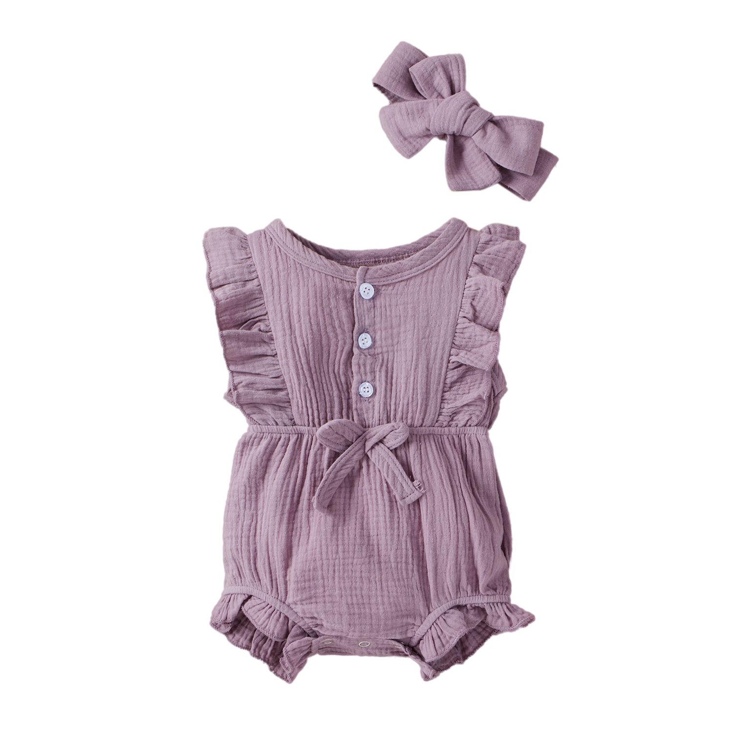 Newborn's Romper Hair Band Set, Infant's Fly Ruffled Sleeve Jumpsuit Crotch Button One-piece Garment for Baby