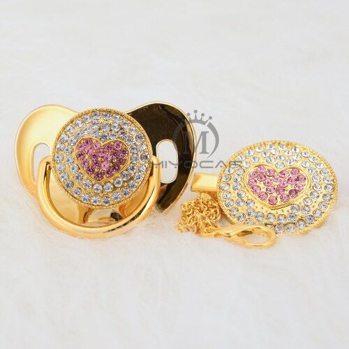 MIYOCAR bling pink sweet heart pacifier dummy and pacifier clip holder set BPA free FDA grade special gift for baby shower AH-1