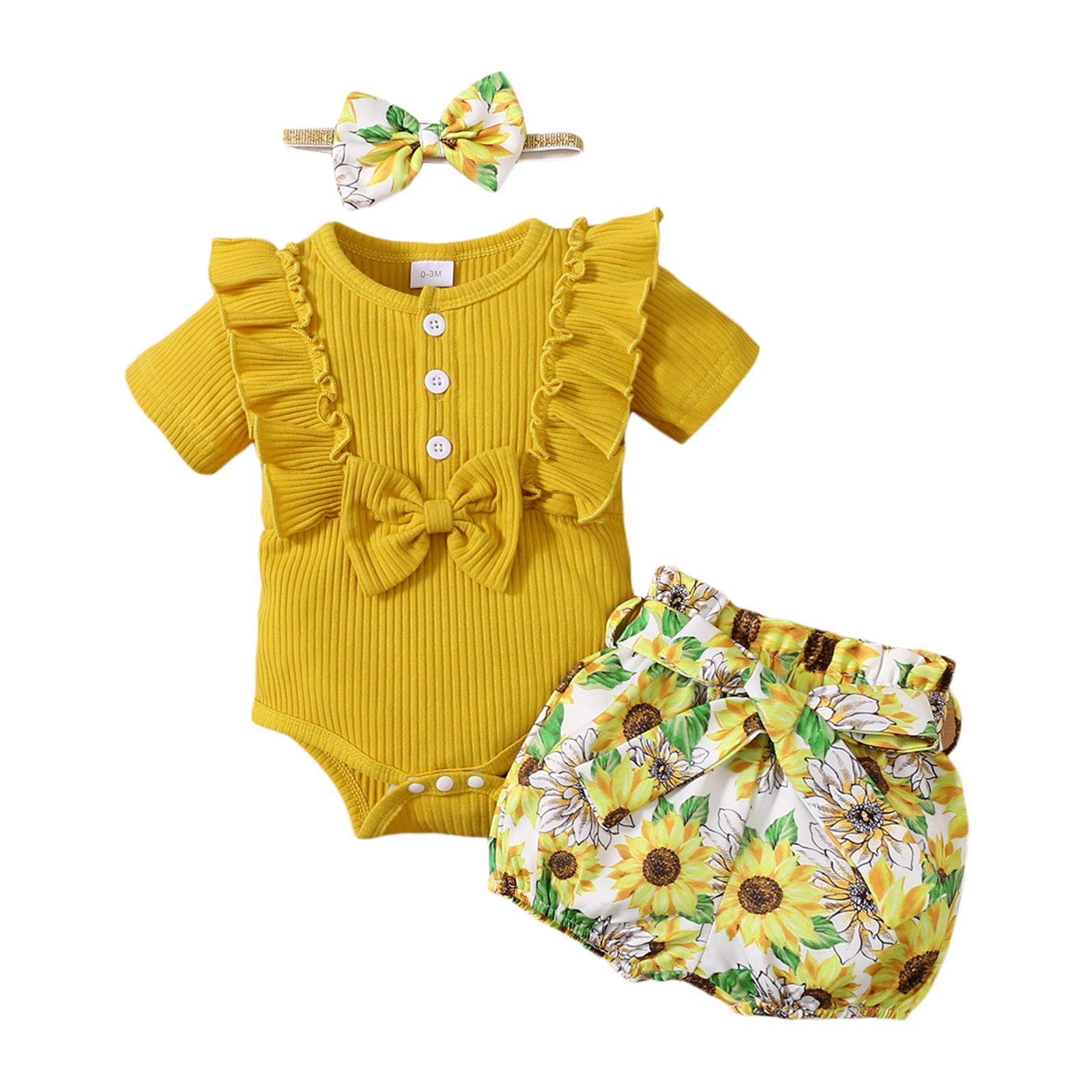 Baby Girl Outfit Sets, Infants Short Sleeve Ruffle Bowknot Buttons Short Sleeve Romper Flower Print Shorts Headband Clothes Suit